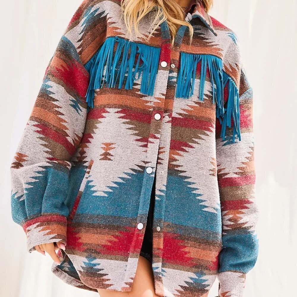 THE SHYSIE WOMENS AZTEC PRINT FRINGED JACKET CREAM NWT